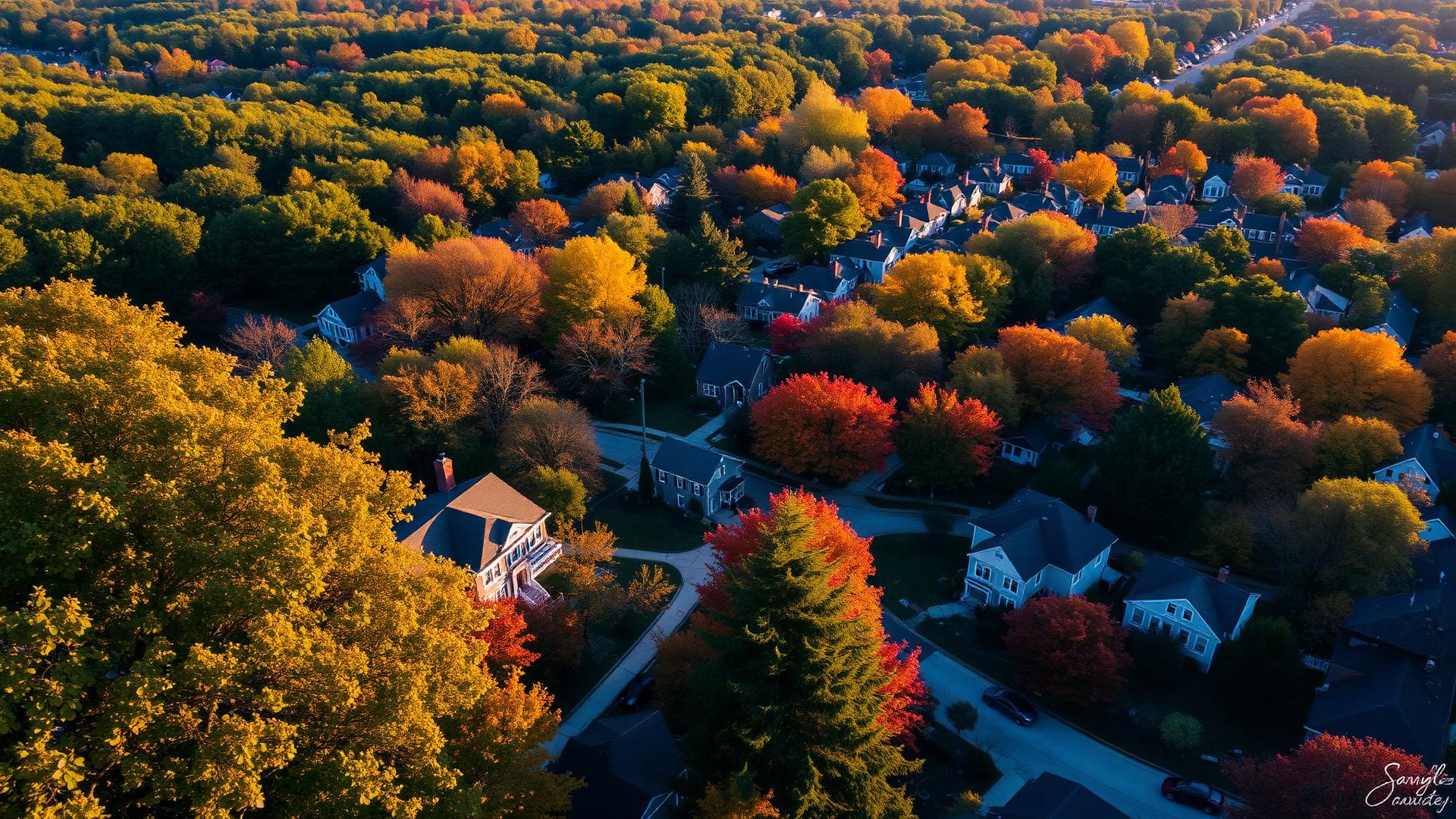 Aerial view of Union County New Jersey neighborhood in autumn