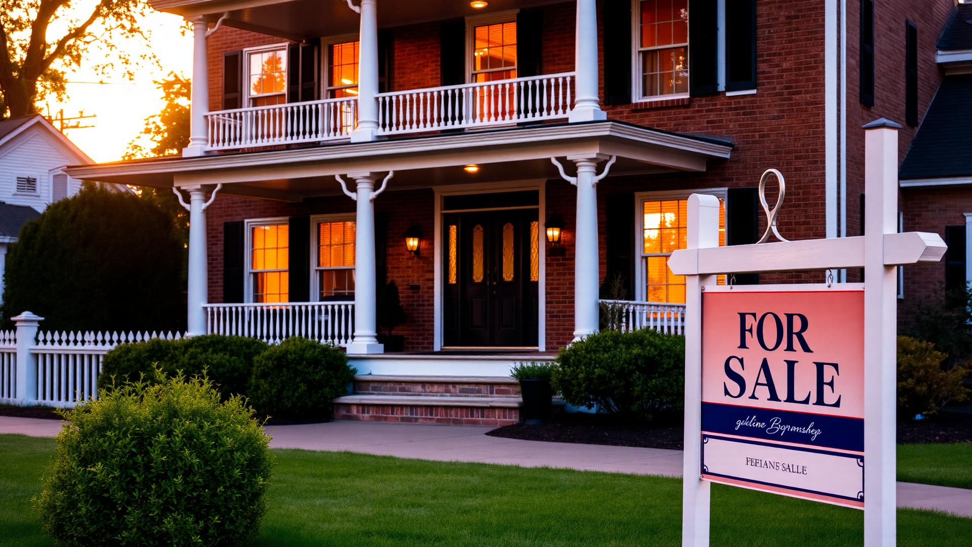Elegant New Jersey home at golden hour with For Sale sign